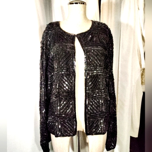 Laurence Kazar Jackets & Blazers - Laurence Kazar TAG SILK Jacket, Women, Black Sequin, Beads, front latch,Lined,1X